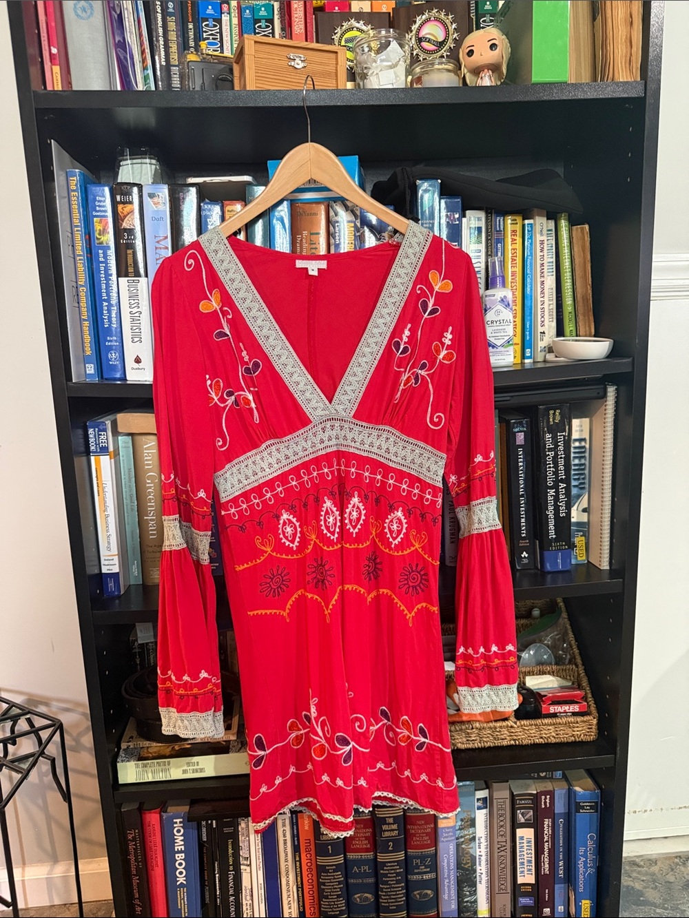 Debbie Katz Boho Red Embroidered V-Neck Long Sleeve Dress size M